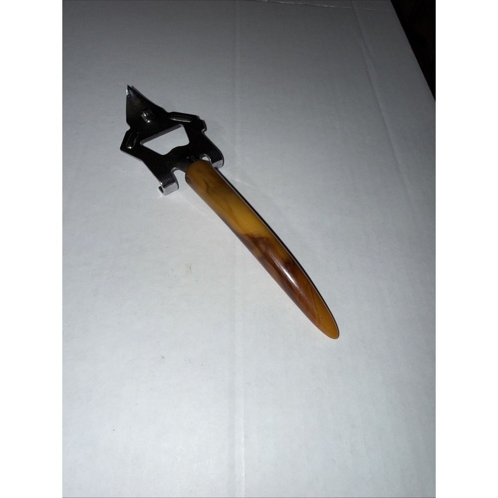 VINTAGE LIGHT BUTTERSCOTCH BAKELITE HANDLE BEER BOTTLE OPENER CAN PUNCH BAR TOOL